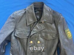 Vintage German Police Leather Motorcycle Jacket Coat with Patch