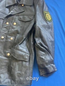 Vintage German Police Leather Motorcycle Jacket Coat with Patch