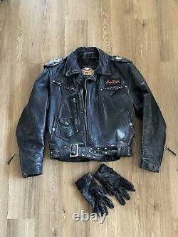 Vintage HARLEY DAVIDSON Black Leather L shovelhead BELTED USA Jacket + Gloves