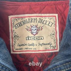 Vintage Icon Strongarm Fate Motorcycle Jacket Skulls Denim Leather Men's 2XL