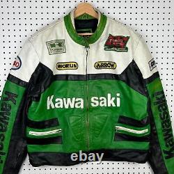 Vintage Kawasaki Leather Motorcycle Jacket Sz XL Green Black Racing Patches 90s
