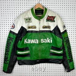 Vintage Kawasaki Leather Motorcycle Jacket Sz XL Green Black Racing Patches 90s