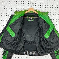 Vintage Kawasaki Leather Motorcycle Jacket Sz XL Green Black Racing Patches 90s