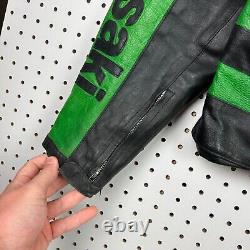 Vintage Kawasaki Leather Motorcycle Jacket Sz XL Green Black Racing Patches 90s