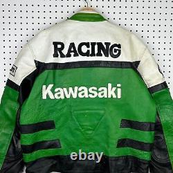 Vintage Kawasaki Leather Motorcycle Jacket Sz XL Green Black Racing Patches 90s