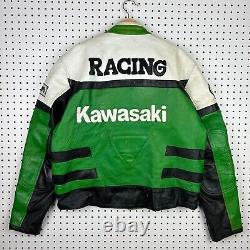 Vintage Kawasaki Leather Motorcycle Jacket Sz XL Green Black Racing Patches 90s