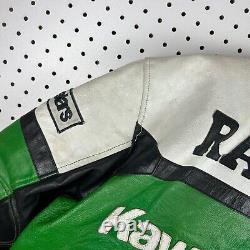 Vintage Kawasaki Leather Motorcycle Jacket Sz XL Green Black Racing Patches 90s
