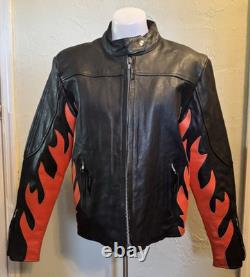 Vintage LEATHER KING Motorcycle Biker Jacket Black w Orange Flames Mens L Unique
