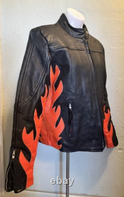 Vintage LEATHER KING Motorcycle Biker Jacket Black w Orange Flames Mens L Unique