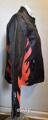 Vintage LEATHER KING Motorcycle Biker Jacket Black w Orange Flames Mens L Unique