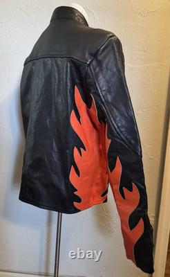 Vintage LEATHER KING Motorcycle Biker Jacket Black w Orange Flames Mens L Unique