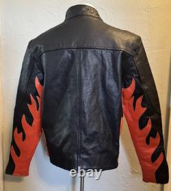 Vintage LEATHER KING Motorcycle Biker Jacket Black w Orange Flames Mens L Unique