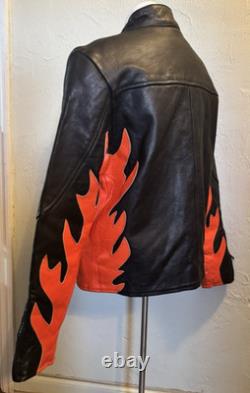 Vintage LEATHER KING Motorcycle Biker Jacket Black w Orange Flames Mens L Unique