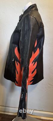 Vintage LEATHER KING Motorcycle Biker Jacket Black w Orange Flames Mens L Unique
