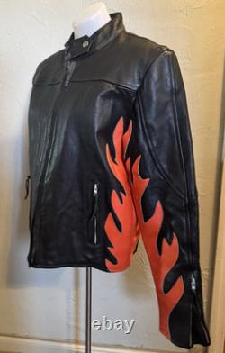 Vintage LEATHER KING Motorcycle Biker Jacket Black w Orange Flames Mens L Unique