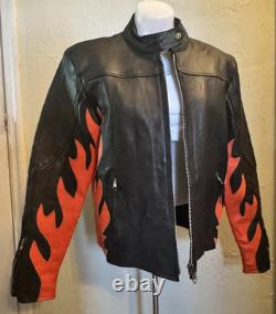 Vintage LEATHER KING Motorcycle Biker Jacket Black w Orange Flames Mens L Unique