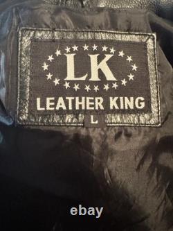 Vintage LEATHER KING Motorcycle Biker Jacket Black w Orange Flames Mens L Unique