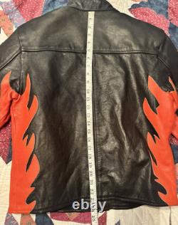 Vintage LEATHER KING Motorcycle Biker Jacket Black w Orange Flames Mens L Unique