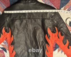 Vintage LEATHER KING Motorcycle Biker Jacket Black w Orange Flames Mens L Unique
