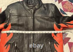 Vintage LEATHER KING Motorcycle Biker Jacket Black w Orange Flames Mens L Unique