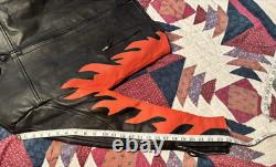 Vintage LEATHER KING Motorcycle Biker Jacket Black w Orange Flames Mens L Unique