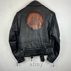 Vintage Leather Jacket Mens 46 Moto Black Eagle Unique Artwork Made USA Signed