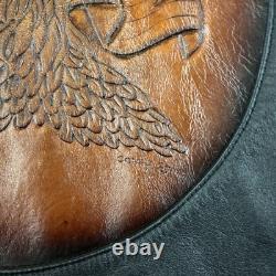 Vintage Leather Jacket Mens 46 Moto Black Eagle Unique Artwork Made USA Signed