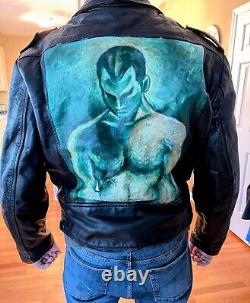 Vintage Leather Motorcycle Biker Jacket 1970s-80s, Custom Hand Painted