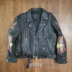 Vintage Leather Motorcycle Jacket Size 48 Harley Davidson Patches Barely Worn