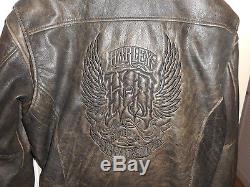 Vintage Men's Harley Davidson Embossed Gothic Brown Leather Bomber Jacket XL
