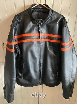 Vintage Mens Genuine Leather Motorcycle Jacket Black/Orange Stripes, + Features