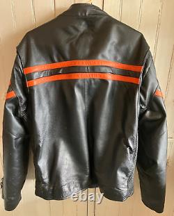 Vintage Mens Genuine Leather Motorcycle Jacket Black/Orange Stripes, + Features