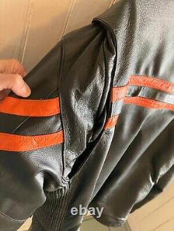 Vintage Mens Genuine Leather Motorcycle Jacket Black/Orange Stripes, + Features