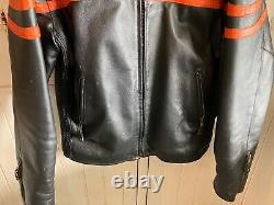 Vintage Mens Genuine Leather Motorcycle Jacket Black/Orange Stripes, + Features