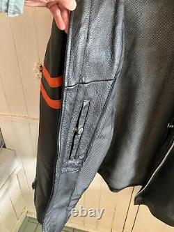 Vintage Mens Genuine Leather Motorcycle Jacket Black/Orange Stripes, + Features