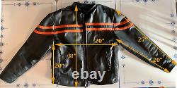 Vintage Mens Genuine Leather Motorcycle Jacket Black/Orange Stripes, + Features