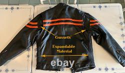 Vintage Mens Genuine Leather Motorcycle Jacket Black/Orange Stripes, + Features