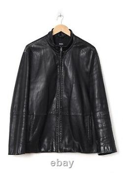 Vintage Mens HUGO BOSS Biker Leather Coat Jacket Black Size 42 52 XL