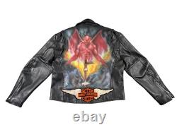 Vintage Open Road Leather Jacket Mens 46 Black Harley Patch Custom Painted Devil