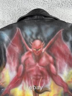 Vintage Open Road Leather Jacket Mens 46 Black Harley Patch Custom Painted Devil