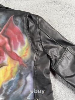 Vintage Open Road Leather Jacket Mens 46 Black Harley Patch Custom Painted Devil