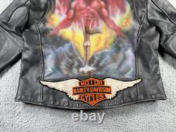 Vintage Open Road Leather Jacket Mens 46 Black Harley Patch Custom Painted Devil