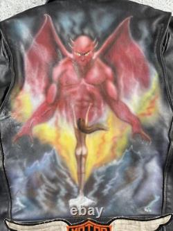 Vintage Open Road Leather Jacket Mens 46 Black Harley Patch Custom Painted Devil