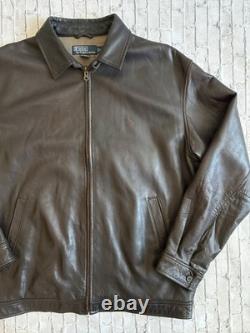 Vintage Polo Ralph Lauren Brown Leather Bomber Jacket Zipper Mens L Large