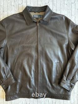 Vintage Polo Ralph Lauren Brown Leather Bomber Jacket Zipper Mens L Large