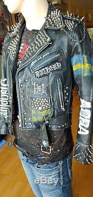 Vintage Punk Studded Leather Jacket Swedish theme. Mens Medium. The REAL DEAL