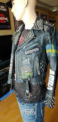 Vintage Punk Studded Leather Jacket Swedish theme. Mens Medium. The REAL DEAL