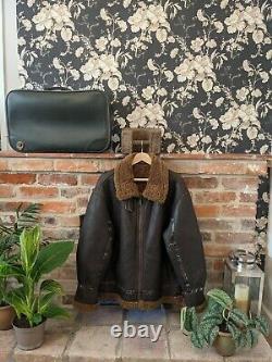 Vintage Sheepskin Leather Shearling Lined Coat Jacket Brown Aviator Size L