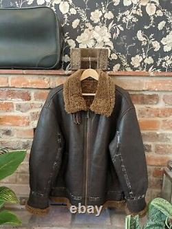 Vintage Sheepskin Leather Shearling Lined Coat Jacket Brown Aviator Size L