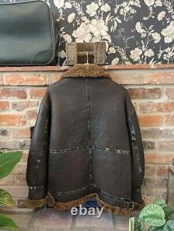 Vintage Sheepskin Leather Shearling Lined Coat Jacket Brown Aviator Size L